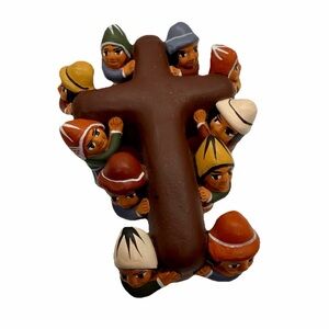 Peruvian Religious Folk Art‎ 10 Men Carring a Terra Cotta Clay Cross 4” Church